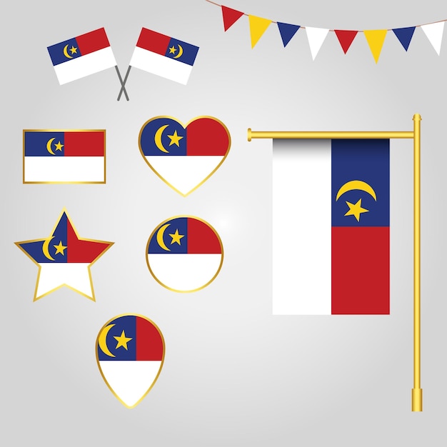 vectorelementen verzameling van Malakka State of Malaysia star pole flag heart flag shapes