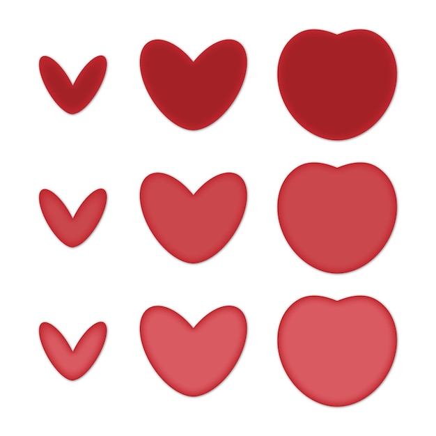 Vectoren van verschillende soorten rode harten met verschillende tinten