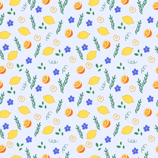 Vectorfruit, bloemen, sterren en decoratieve elementen in naadloos patroon in cartoonstijl