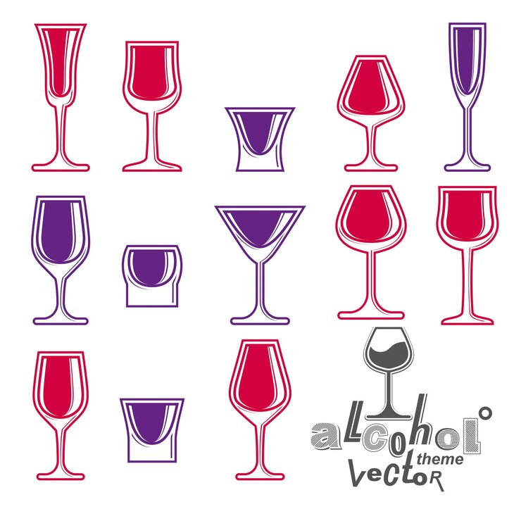 Vector vectorglazeninzameling - martini, wijnglas, cognac, whisky en champagne. viering idee eps8 eenvoudige illustraties geïsoleerd op een witte achtergrond. lounge ontwerpelementen.