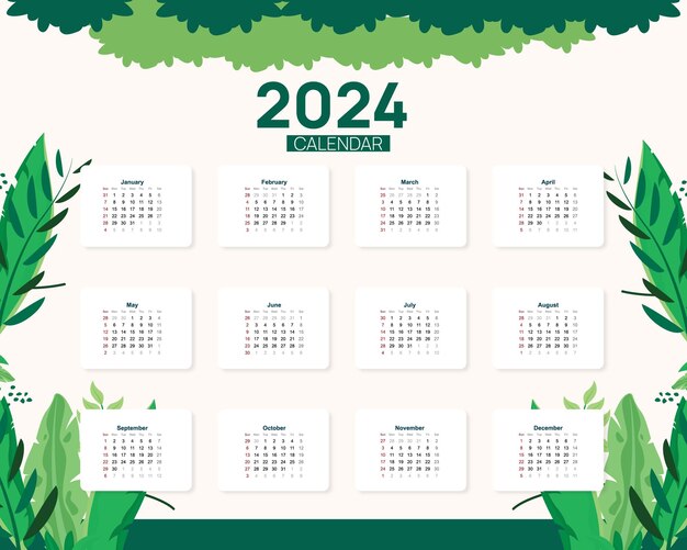 Vector vectorgradiënt 2024 groene kalender sjabloon met bloemenvegetatie