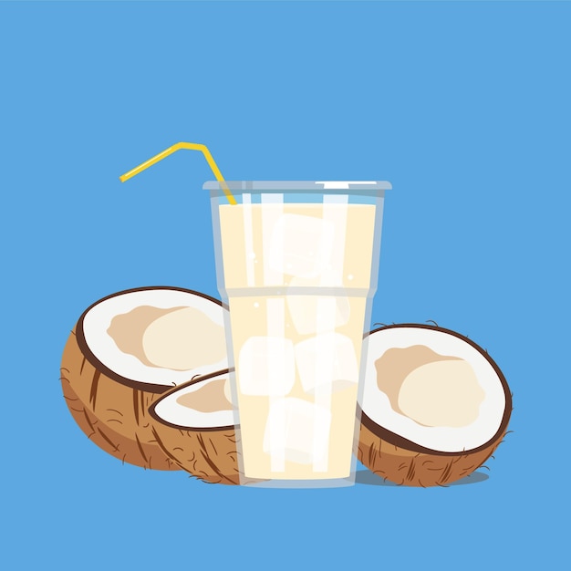 Vector vectorgrafiek vectorillustratie kokosglas doorzichtig ijs riet plastic bruin drankje voedsel