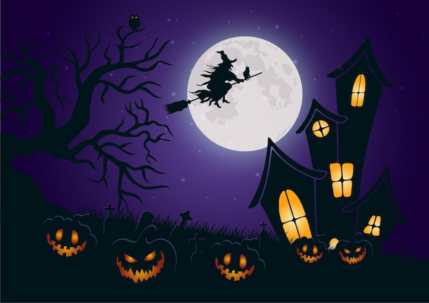 Vectorhalloween-achtergrond in vlak ontwerp met gloeiend pompoenen uitstekend kasteel