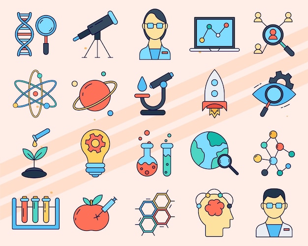 Vectoriconen met betrekking tot onderzoek en wetenschap, waaronder microscopen, testbuizen en boeken
