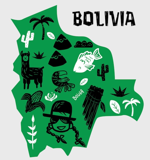 Vectoriële hand getekende gestileerde kaart van Bolivia bezienswaardigheden Reizen illustratie Bolivia geografie illus