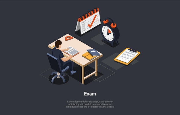 Vectorillustratie. 3D-compositie, cartoon-stijl isometrisch ontwerp. Examenconcept. Mannelijke Student Zit Aan Bureau, Onderwijs Infographic Objecten Rond. Schooljongen leren. Grote kalender, papier en klok