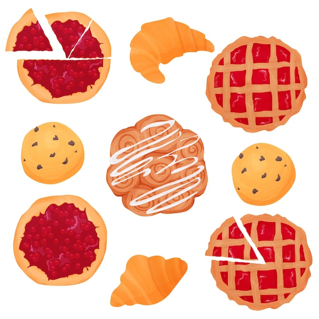 Vector vectorillustratie bakken van taart met bessen piece croissant kaneel