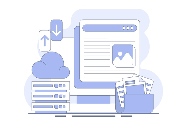 Vectorillustratie Cloudopslagconcept of cloudtechnologie en gegevensopslag op cloudservers