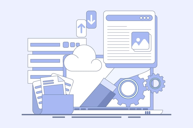 Vectorillustratie Cloudopslagconcept of cloudtechnologie en gegevensopslag op cloudservers