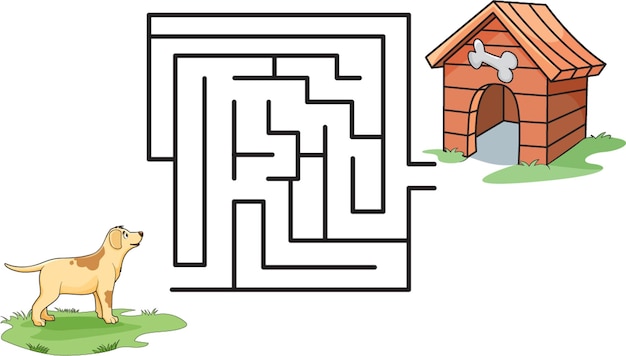 Vectorillustratie die de wegpuzzel laat zien met hond en zijn kennel met bot erin