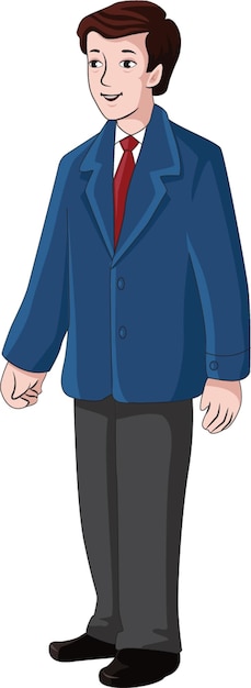 Vectorillustratie die een man toont die een blauw gekleurde jas, stropdas en broek draagt