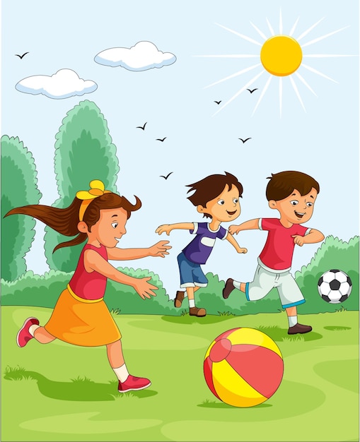 Vectorillustratie die kinderen toont die voetbal spelen met fel schijnende zon en vliegende vogels