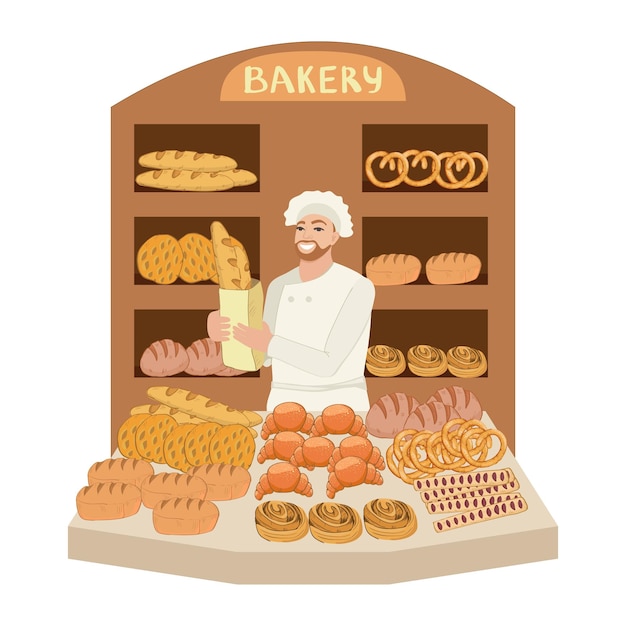 Vectorillustratie Een bakker in een bakkerij houdt een papieren zak met stokbrood vast Veel gebak brood