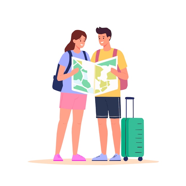 Vectorillustratie een jong echtpaar dat reist en naar een kaart kijkt met rugzakken en koffers Colorf