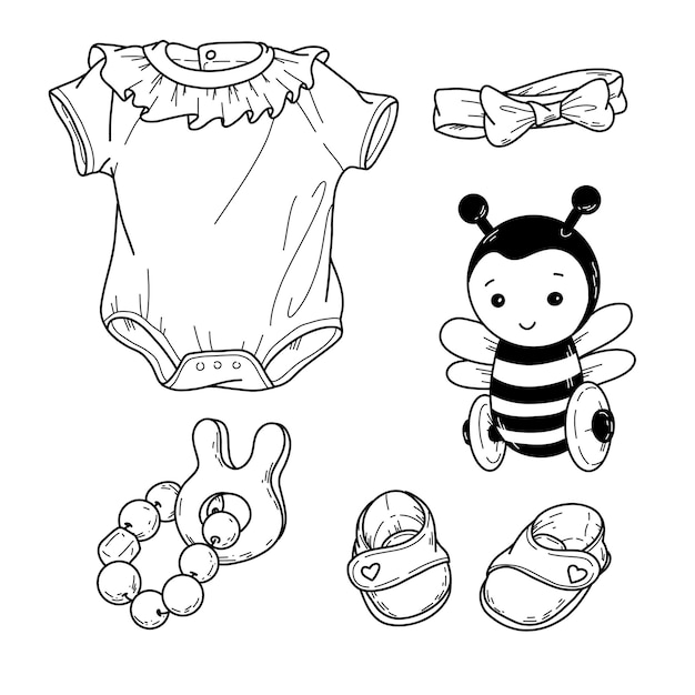 Vector vectorillustratie een set kinderobjecten voor een baby in handtekening-doodle-stijl