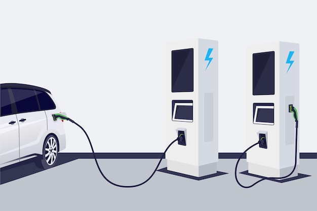 Vectorillustratie Elektrische auto's wachten op het opladen van de batterij bij het laadstation