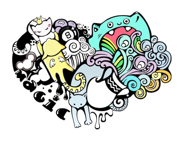 Vectorillustratie gelukkige katten in liefde doodle art