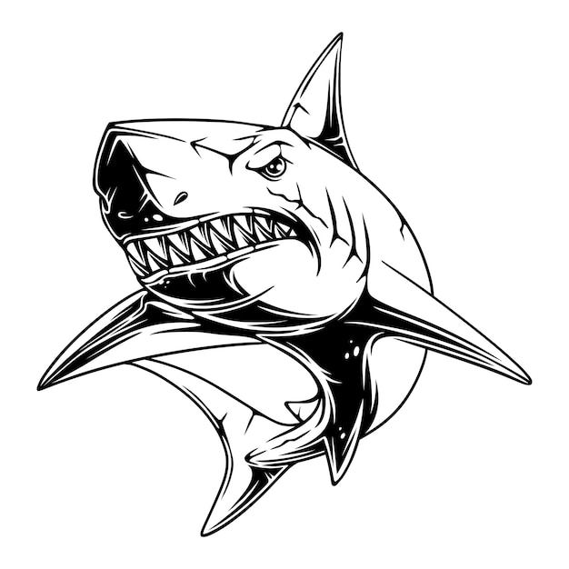 Vectorillustratie Haai met koele en griezelige positie met scherpe tanden zwart-wit ontwerp