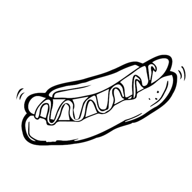 Vectorillustratie Hand getrokken doodle van hotdog met mosterd Ongezond voedsel Cartoon sketch Deco