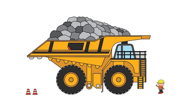 Vectorillustratie Handgetekende kleur kinderen bouw groot formaat mijnbouw vrachtwagen met stenen