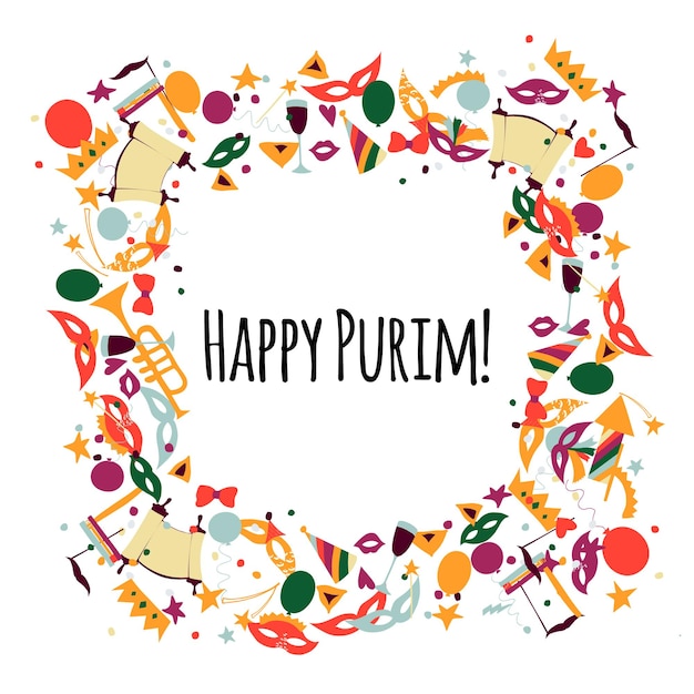 Vectorillustratie Happy Purim carnaval Frame in de vorm van een krans