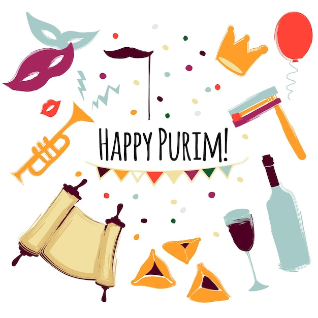 Vectorillustratie Happy Purim carnaval set ontwerpelementen