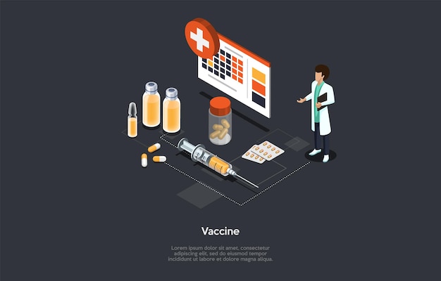 Vectorillustratie In Cartoon 3D-stijl. Isometrische samenstelling op donkere achtergrond met tekst. Vaccin, vaccinatieprocesconcept, medisch werker en elementen. Coronavirus en andere ziektepreventie