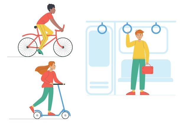 Vectorillustratie in plat ontwerp van verschillende mensen op verschillende soorten vervoer Fietsen op een scooter openbaar vervoer Wereldgezondheidsdag Gezonde levensstijl
