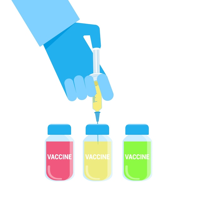 Vector vectorillustratie in platte stijl van de handspuit van de arts met injectie van het vaccin