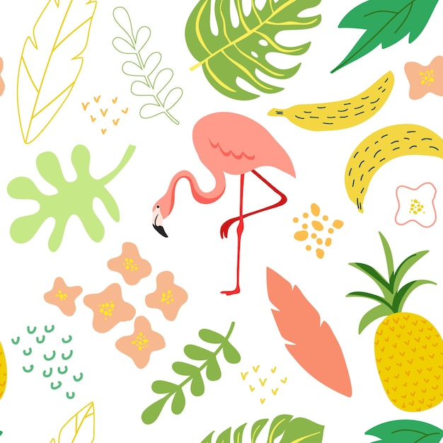 Vectorillustratie in trendy plat eenvoudige stijl, lente en zomer naadloze achtergrond met flamingo, planten, bladeren, bloemen voor banner, wenskaart, poster, dekking, patroon