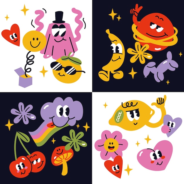 Vectorillustratie instellen met abstracte grappige karakters. Stripstickers, spelden of patches.