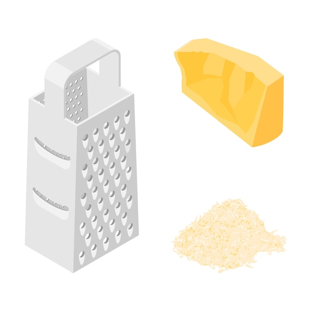 Vectorillustratie kaasgrater geruite kaas en stuk kaas Isometrische weergave