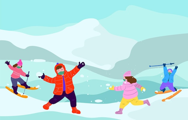 Vectorillustratie Kinderen die in de winter in de sneeuw spelen
