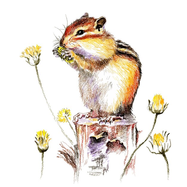 Vector vectorillustratie kleurpotloden van kleine bos dieren chipmunk