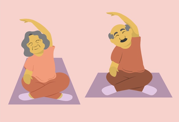 Vectorillustratie Lichaamsbeweging Gezonde levensstijl oude mannen doen yoga thuis cartoon