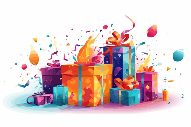 vectorillustratie Meerkleurige confetti vallen op verpakte dozen met geschenken Ontwerp te koop
