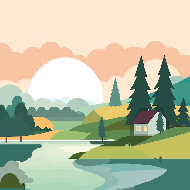 Vectorillustratie met een eenvoudig helder landschap met prachtige huizen, een meer en bergen in de