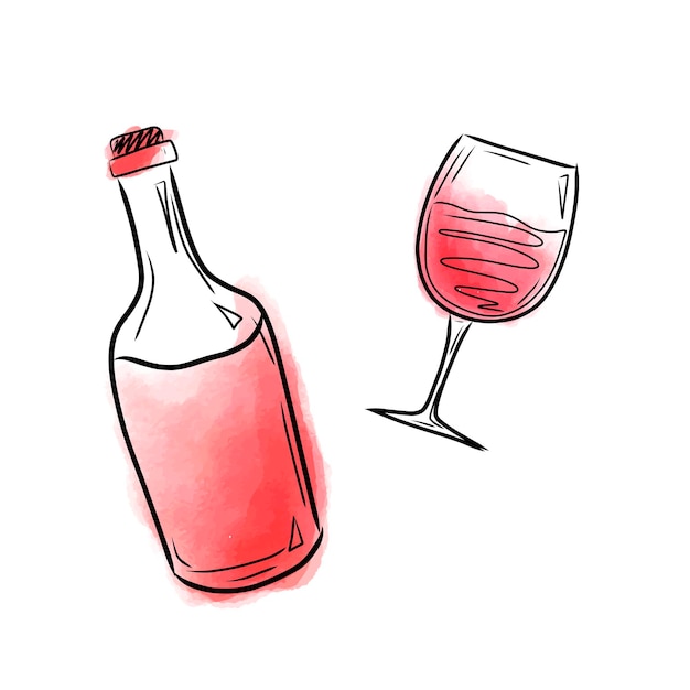 Vectorillustratie met een fles en een glas rode wijn in aquarelstijl