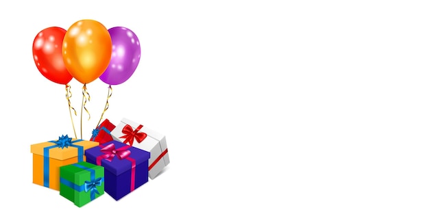 Vectorillustratie met een heleboel gekleurde geschenkdozen met linten en strikken en veelkleurige ballonnen op witte achtergrond