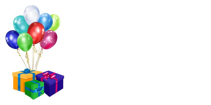 Vector vectorillustratie met een heleboel gekleurde geschenkdozen met linten en strikken en veelkleurige ballonnen op witte achtergrond