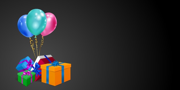 Vectorillustratie met een heleboel gekleurde geschenkdozen met linten en strikken en veelkleurige ballonnen op zwarte achtergrond