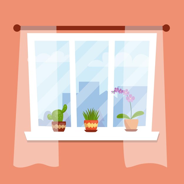 Vector vectorillustratie met een lichte muur en een raam met tule home bloemen cactus aloë en orchidee