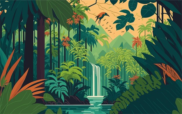 Vectorillustratie met een weelderig en levendig tropisch regenwoud met torenhoge exotische bomen