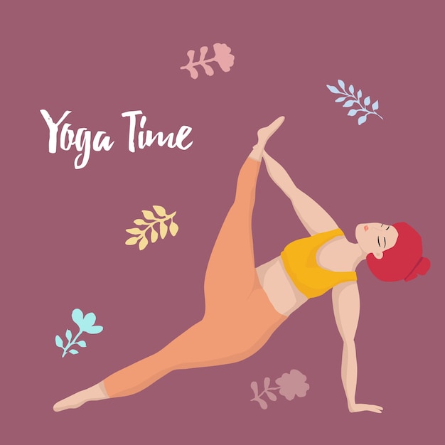 Vectorillustratie met gelukkige Aziatische een overmaatse vrouw in yoga-positie. Yoga tijd. Sport en gezondheidslichaam positief concept voor ansichtkaart, yogalessen t-shirt actieve gezonde levensstijl