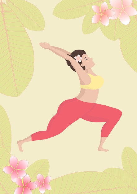 Vectorillustratie met gelukkige Aziatische een oversized vrouw in yoga-positie op tropische exotische achtergrond. Sport en gezondheidslichaam positief concept voor ansichtkaart, yogalessen t-shirt actieve levensstijl