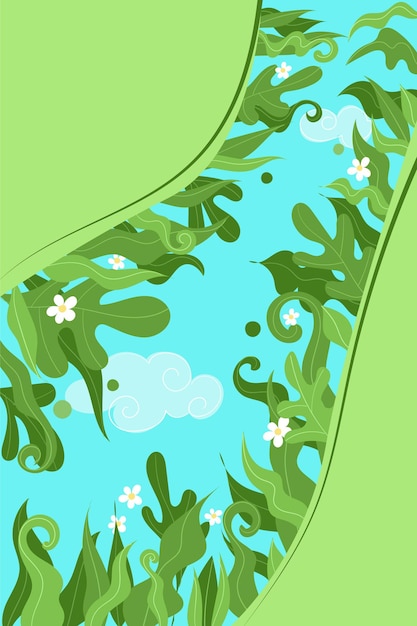 Vector vectorillustratie met groene grasbloemen en wolken