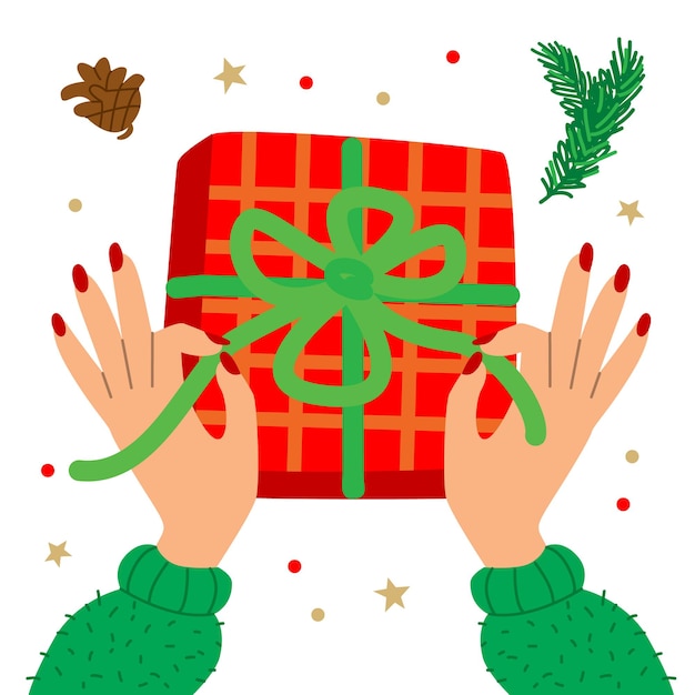 Vectorillustratie met handen en cadeauverpakking kerst geschenkdoos