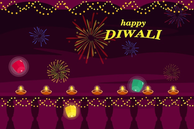 Vectorillustratie met Happy Diwali wensen Cartoon groet met prachtige olielampen, lantaarns en vuurwerk om een Indiase festival Diwali-viering te vieren