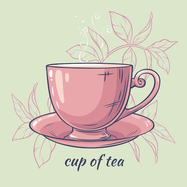 Vectorillustratie met kopje thee op gekleurde achtergrond