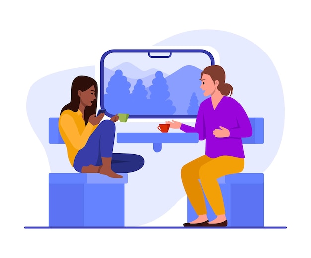 Vectorillustratie met meisjes die op een trein reizen Cartoon scènes met glimlachende meisjes die praten, thee drinken, koffie drinken en op een trein rijden geïsoleerd op een witte achtergrond